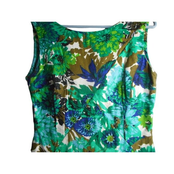 Vintage Floral V Back Handmade Lined Sleeveless Dress 1960s zip back Sz M - Picture 2 of 7